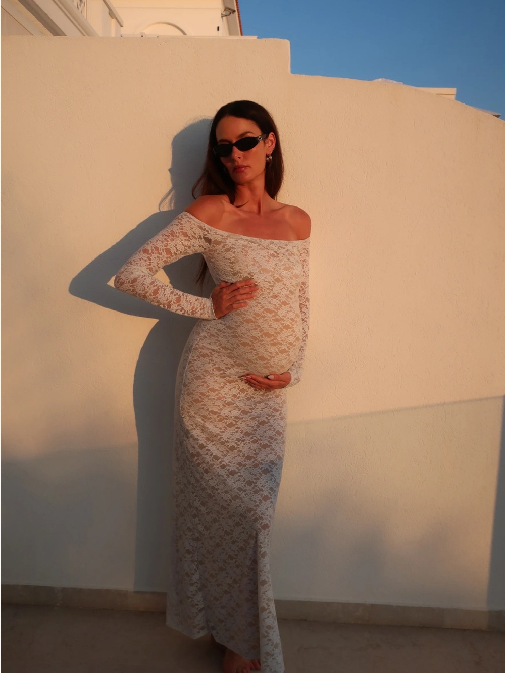 Bumpsuit Off-Shoulder White Lace Maternity Maxi Dress